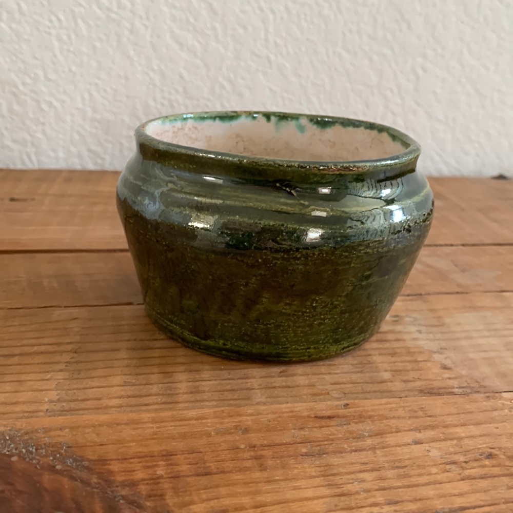 Sweet little handmade dark green ceramic bowl quirky unique earthy craft boho